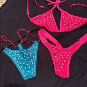 Pink and Blue Embellished Thong Bikini with extra Swarovski Crystal Thong